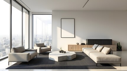 Elegant Living Room Design with a Mockup Frame on a Neutral-Colored Wall