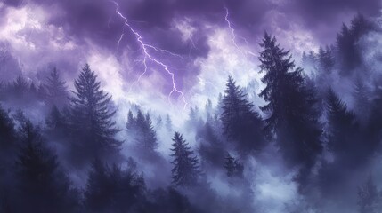 Fototapeta premium Mystical forest with mist-covered trees swaying gently under purple lightning