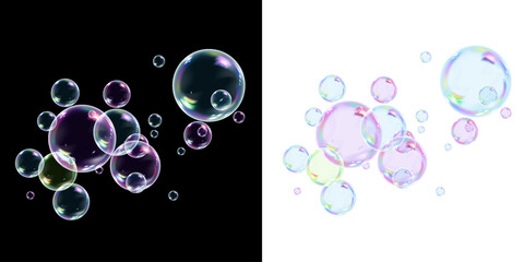 Transparent soap bubbles float in the air, shimmering with iridescent colors against a black and white background. Their delicate surfaces reflect light, creating a mesmerizing, dreamy effect.