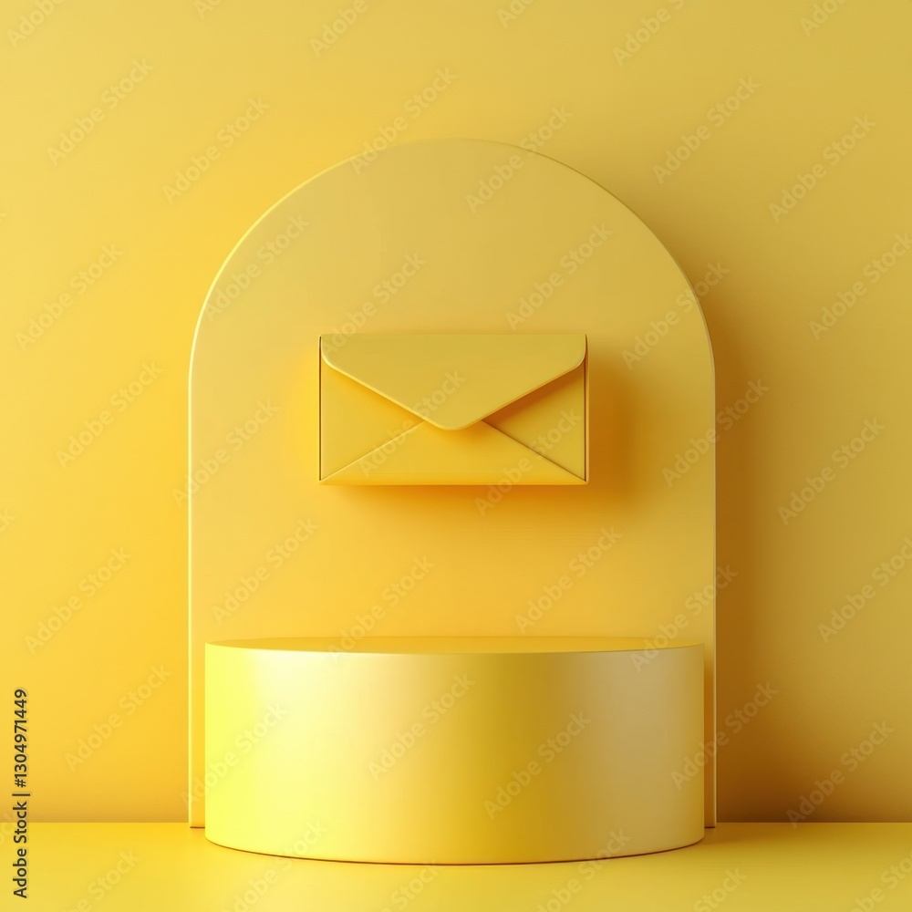 Poster minimalist yellow podium with envelope on arch background for product display and communication conc