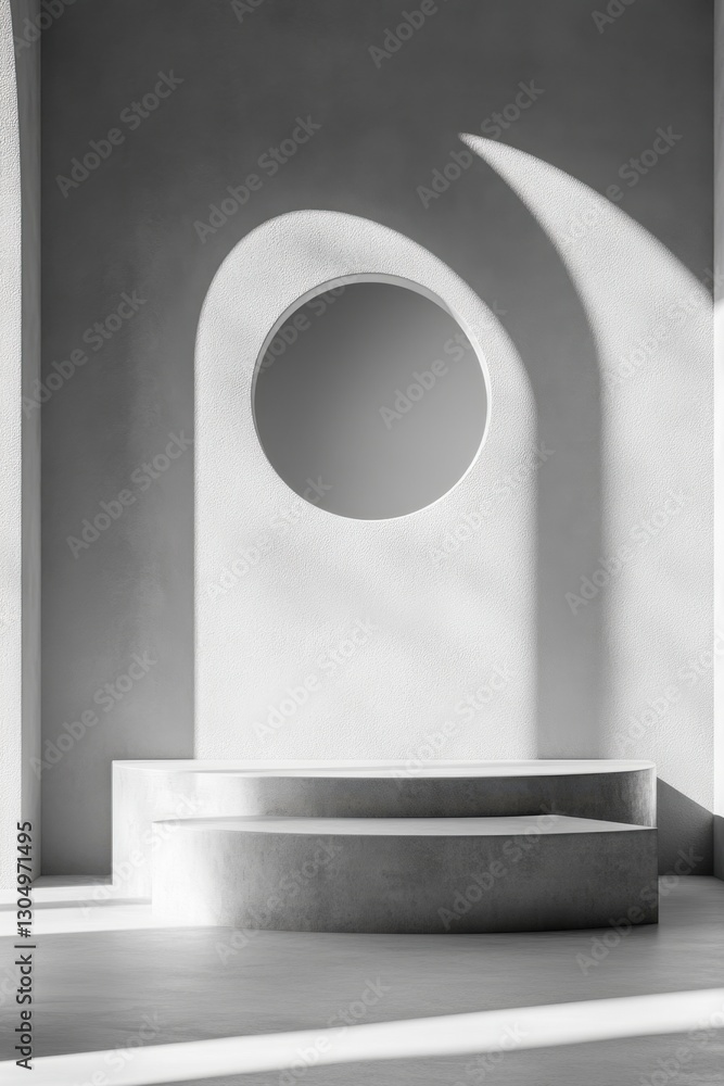 Aufkleber minimalist interior with podium and circular window casting shadows in a modern architecture style