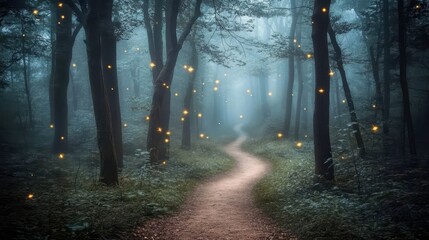 Fototapeta premium Moody mystical woods with an eerie mist-covered path winding between tall trees