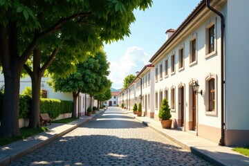 Fototapeta premium Sun-drenched cobblestone street lined with charming white buildings, lush green trees casting shade, and a tranquil atmosphere perfect for a leisurely stroll.