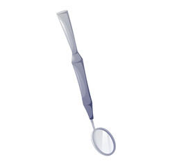 Dental mouth mirror tool with a reflective round surface and ergonomic handle, isolated on white background. Professional stainless steel instrument for oral examination, dentistry, and hygiene.