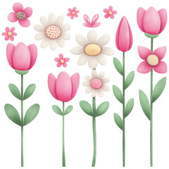 row of pastel pink and white spring flowers with green leaves and butterfly