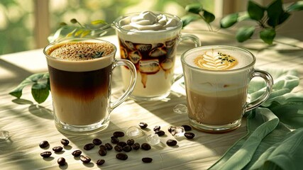 Three distinct coffee drinks are displayed on a table, surrounded by coffee beans and fresh leaves in a sunny atmosphere