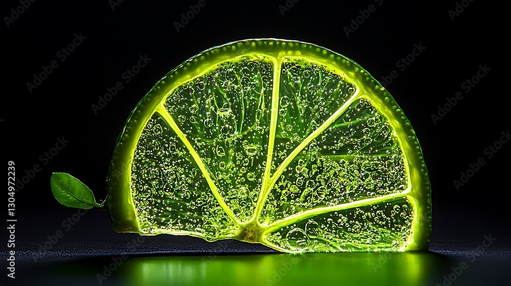Poster illuminated lime slice with bubbles and leaf on glossy surface, dark background