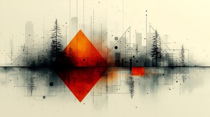 Abstract cityscape reflection, geometric shapes, digital art, graphic design, possible use for background, posters