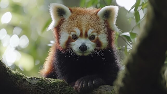 A captivating red panda resting on a branch amidst a lush forest with warm sunlight filtering through the leaves