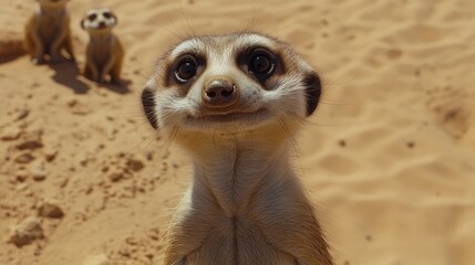 A curious meerkat peering into the camera against a backdrop of sandy dunes, showcasing its playful demeanor and captivating eyes