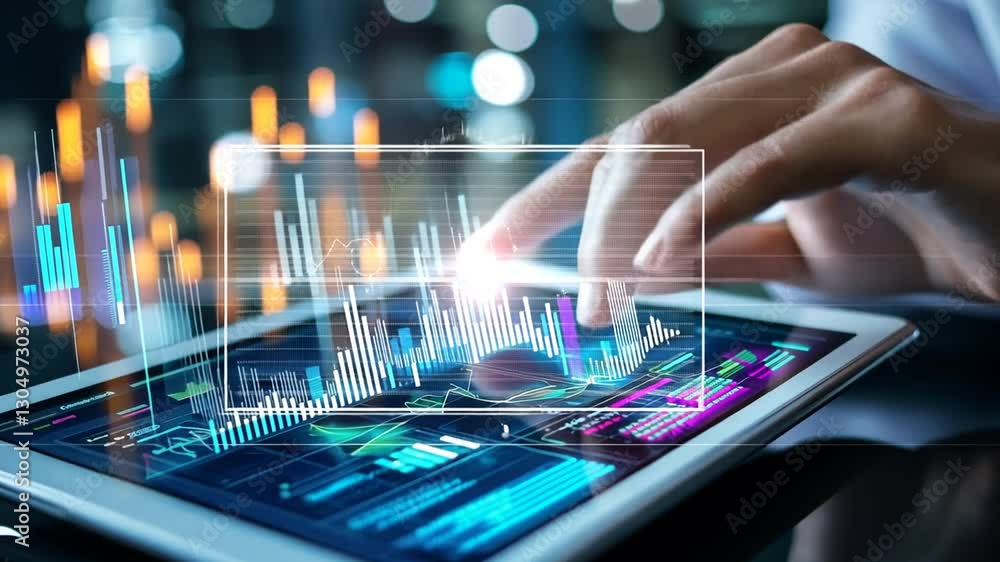 Aufkleber analyzing financial data with modern tablet technology and futuristic interface