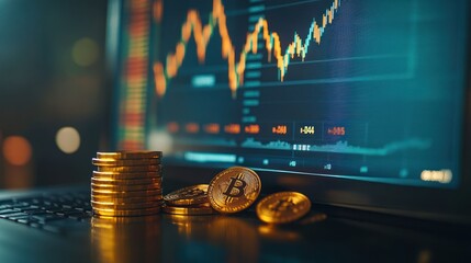 Bitcoin stacks on laptop screen displaying trading charts. Use Stock photo for financial, cryptocurrency, business articles
