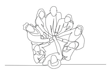 One single line drawing group of young happy business people unite their hands together to form a circle shape symbol, top view. Trendy teamwork concept.