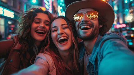 Obraz premium Friends share joyful moments while enjoying vibrant night out in the city, celebrating life with excitement and laughter