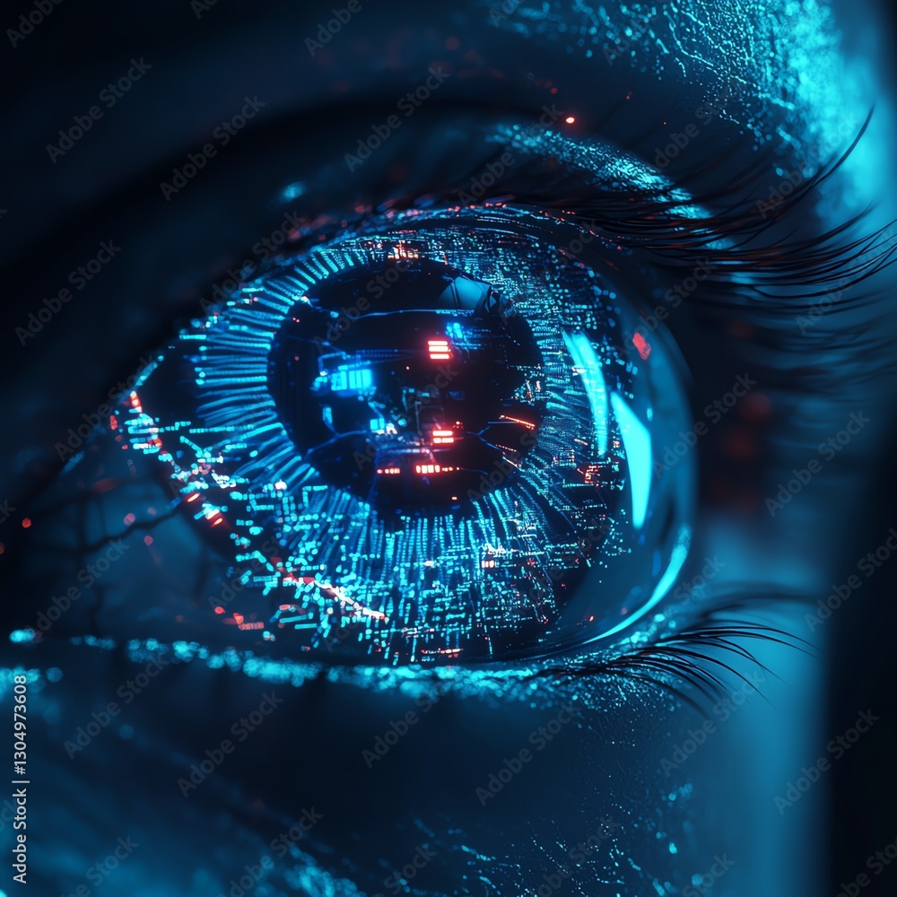 Poster robot eye with illuminated digital technology, glowing circuits, futuristic metallic design, advance