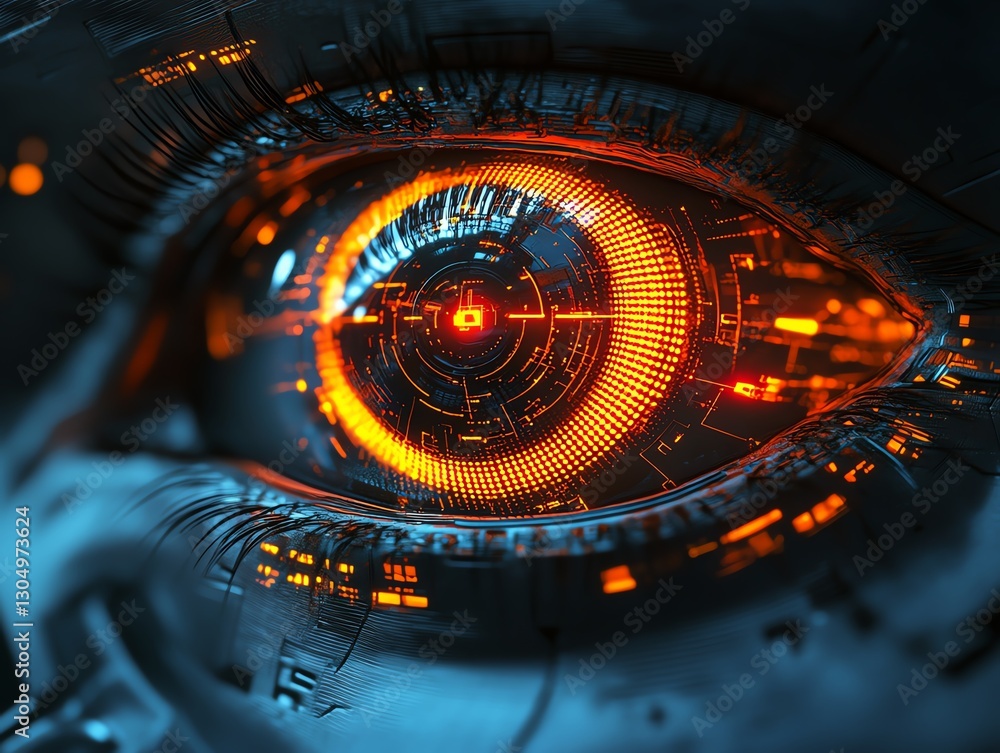 Aufkleber robot eye with glowing illumination, futuristic technology, digital circuits, metallic surface, high