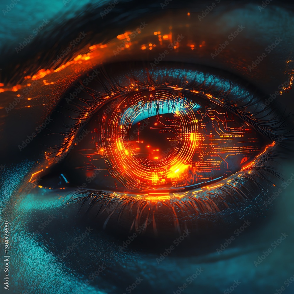 Poster robot eye with illuminated digital technology, glowing circuits, futuristic metallic design, advance