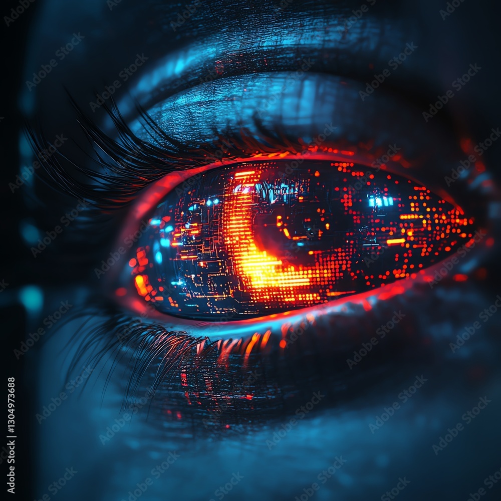 Poster robot eye with illuminated digital technology, glowing circuits, futuristic metallic design, advance