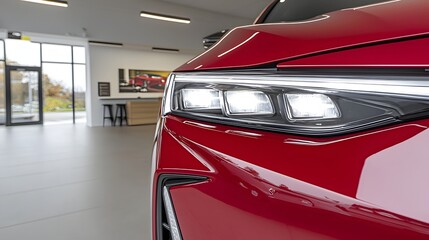 Close-Up of a Red Luxury Car Headlight in a Modern Showroom with Bright Interior Lighting