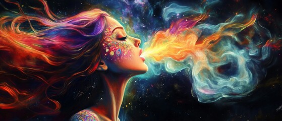 Obraz premium Woman breathes cosmic fire, colorful hair, space background; fantasy art