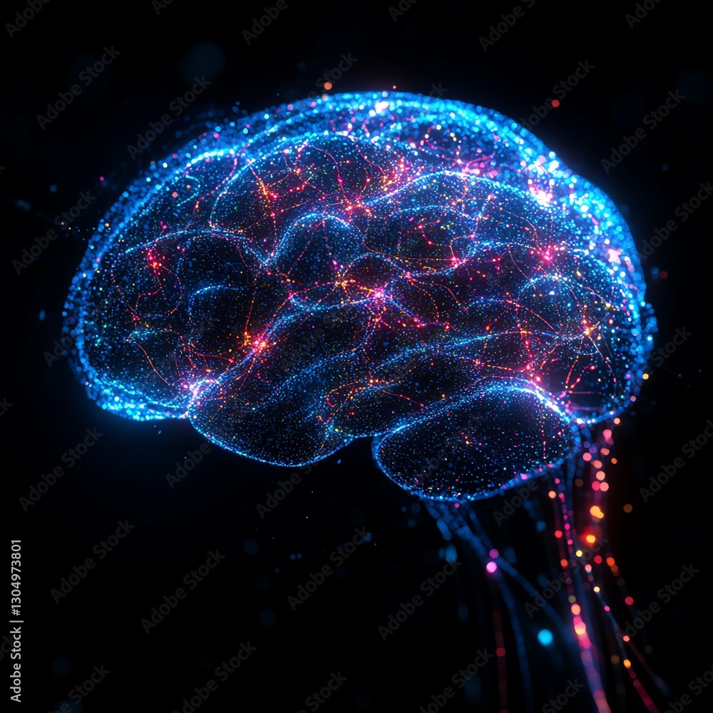 Aufkleber Abstract digital brain visualization with artificial intelligence, glowing neural connections, futuristic tech, vibrant neon colors, hightech digital art