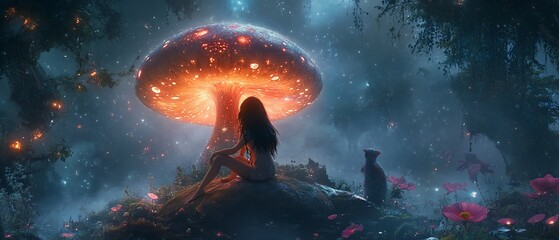 Woman, cat, glowing mushroom, fantasy forest
