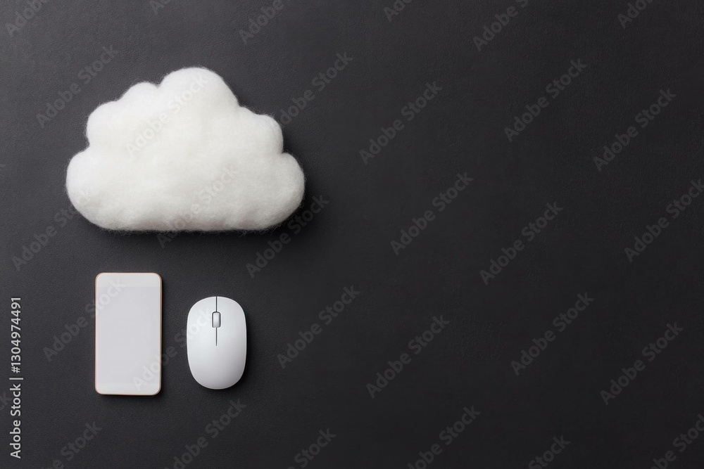 Poster modern workspace flat lay with a smartphone, a computer mouse, and a cloud symbolizing digital stora