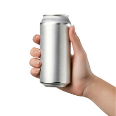 Hand holding a silver aluminum can on transparent background
