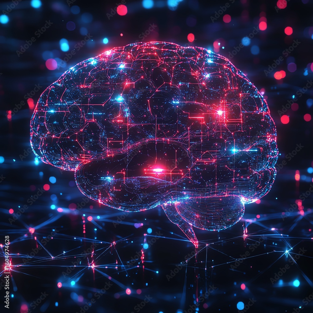 Fototapete artificial intelligence digital brain with glowing neural networks, abstract technology visualizatio