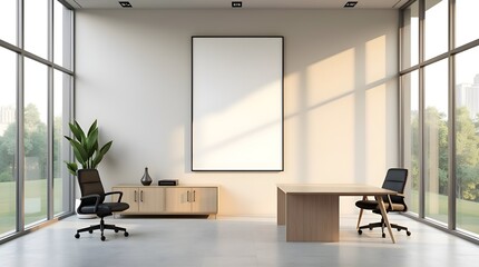 Mockup of a Blank White Frame in a Stylish Business Office Lobby and Meeting Space