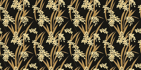 Elegant seamless floral pattern featuring golden plants on a dark background. rice pattern