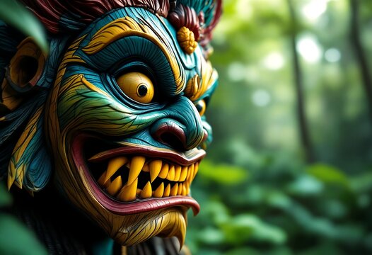 A colorful demon statue with large teeth and sharp fangs stands out against a blurry forest background.