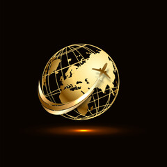 Plane with earth or globe icon. Travel around the world by airplane logo concept. Vector illustration.