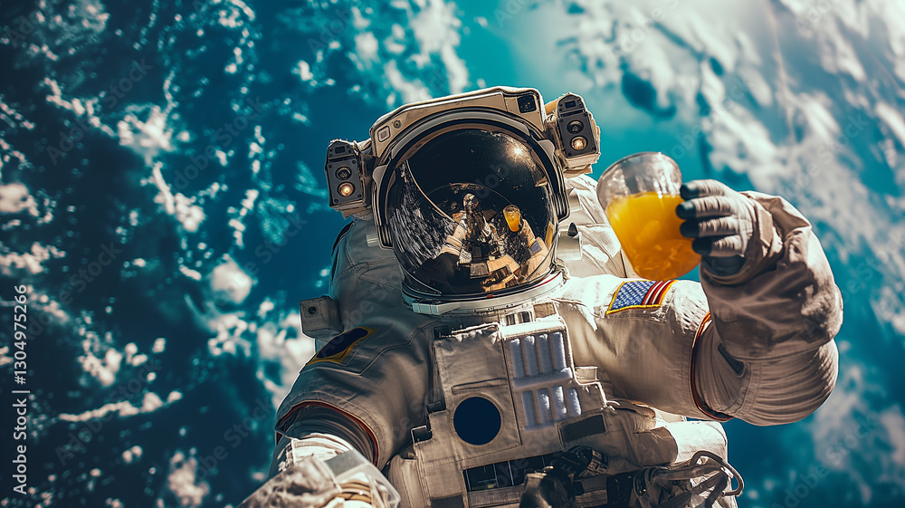 Poster this astronauts savor a drink in suborbital space surrounded by breathtaking views of earth.