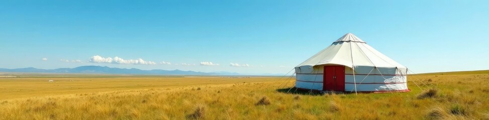 Yurt in a vast grassland under a clear blue sky, tent, grassland