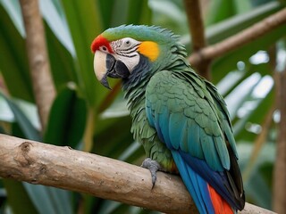 Obraz premium Tropical Parrot Close-Up: Vibrant Macaw with Ornate Feathers in Forest Habitat - Wildlife Conservation Photography