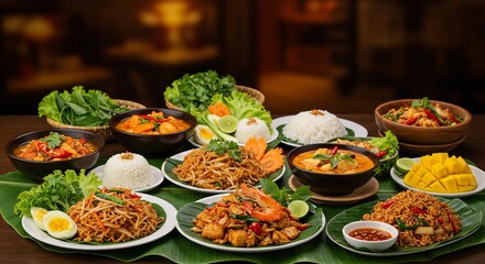 Obraz premium Delicious Asian Cuisine Warm Lighting Table Setting. AI Generated