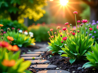 A garden with a path and flowers. The flowers are red and yellow. The sun is shining on the flowers