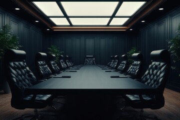Conference room with dark decor and leather chairs ready for important discussions and meetings