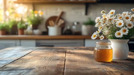 A lightly weathered wooden table in focus, blurred modern kitchen counter in the background with hints of buttered toast, honey jar, and a fresh bouquet of daisies, warm and homely morning setting.