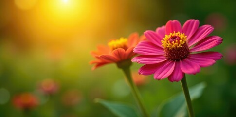 Zinnia flowers against a backdrop of warm sunlight and greenery, warmth, foliage, flora