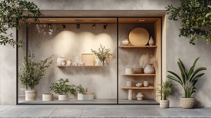 Minimalist Shop Window Display with Neutral Decor and Greenery