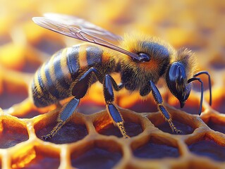 Naklejka premium Closeup of a bee on honeycomb, focusing on hexagonal cells, realistic textures of bee and natural elements, vibrant nature illustration, insect in action