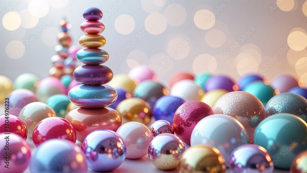 Poster colorful arrangement of shiny decorative balls stacked with soft bokeh in the background during fest