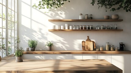 A pale wood table bathed in soft daylight, blurred Scandinavian kitchen featuring matte white walls, open wooden shelves, and hints of greenery, an airy and elegant modern space. --ar 16:9
