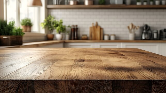 A natural beechwood table with visible wood grain, softly blurred background featuring a Scandinavian-inspired kitchen with white subway tiles, light wooden cabinets, and modern pendant lighting,