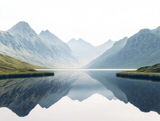 Calm Lake Reflecting Misty Mountains Under a Hazy Sky