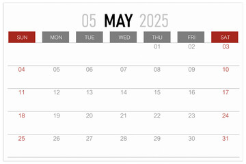 Calendar page for May 2025 year isolated on white background.