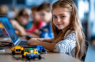 Fototapeta premium Coding workshop for kids classroom learning session creative environment close-up view technology engagement