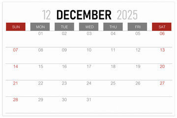 Calendar page for December 2025 year isolated on white background.